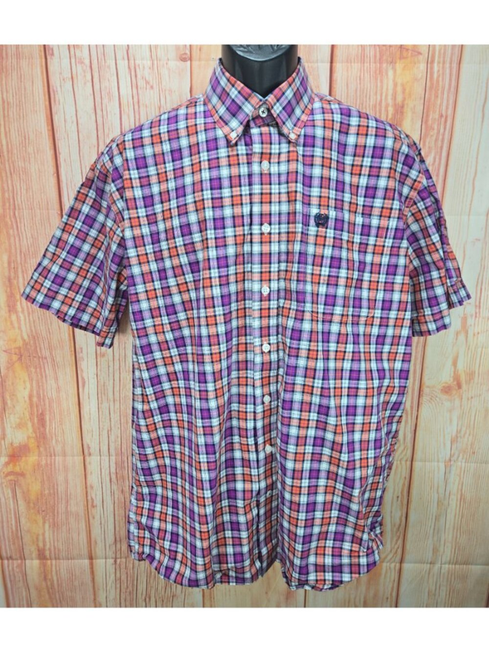Cinch Mens Plaid Short Sleeve Shirt Medium Orange Purple Plaid - Picture 2 of 7